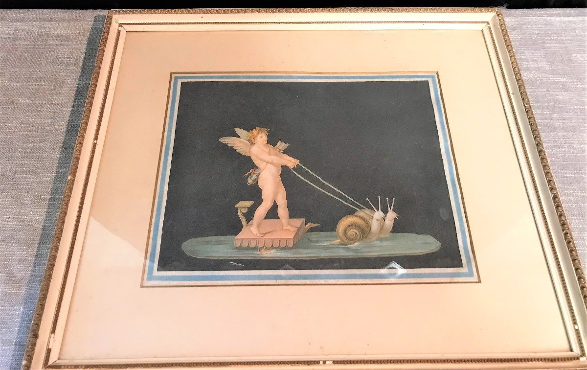 Gravure couleur Cupidon sur char aux escargots XIXème siècle