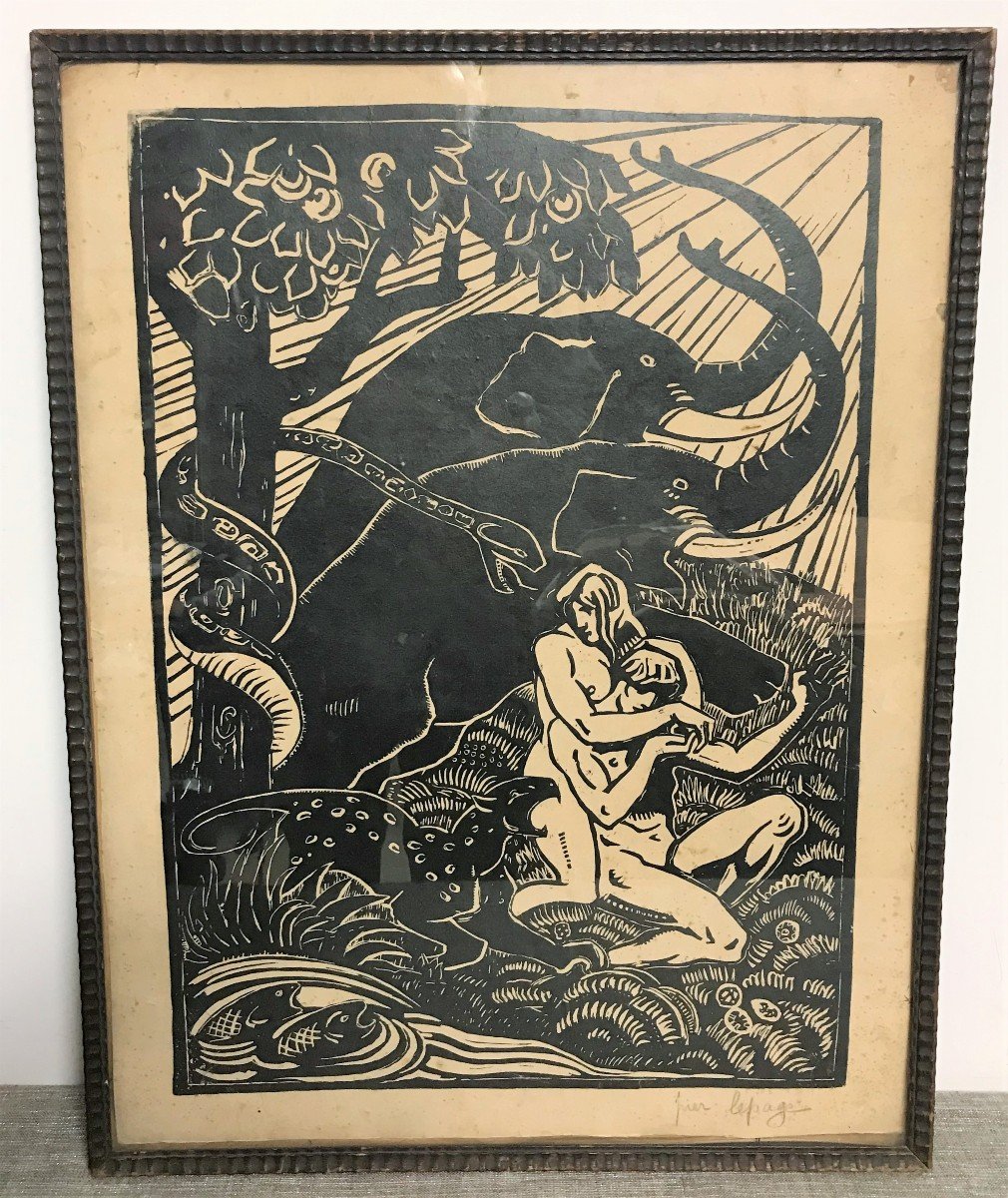 Engraving Adam And Eve Signed Lepage Pierre 20th Century
