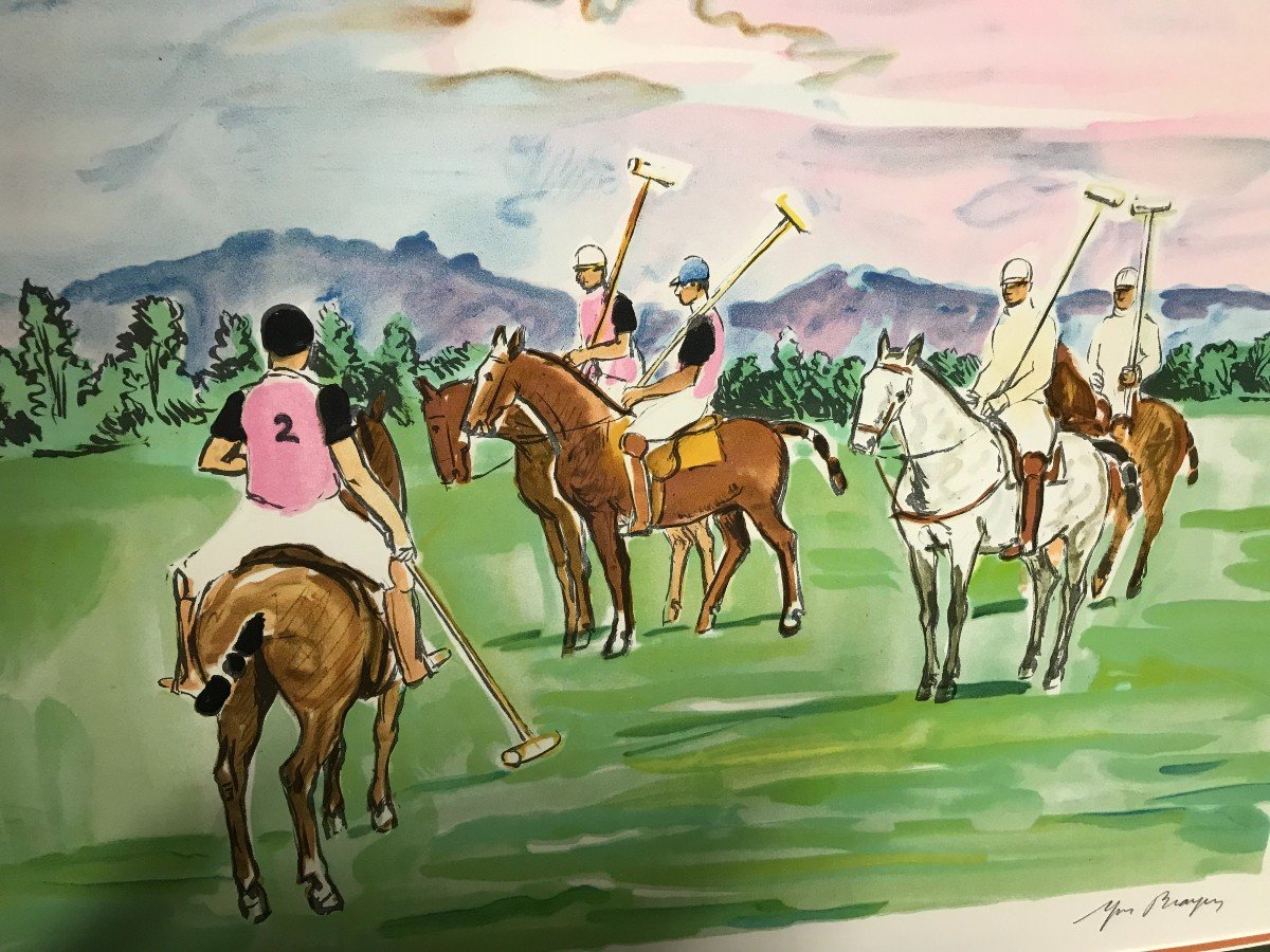 Lithograph Painting By Brayer 20th Century Polo Players-photo-3