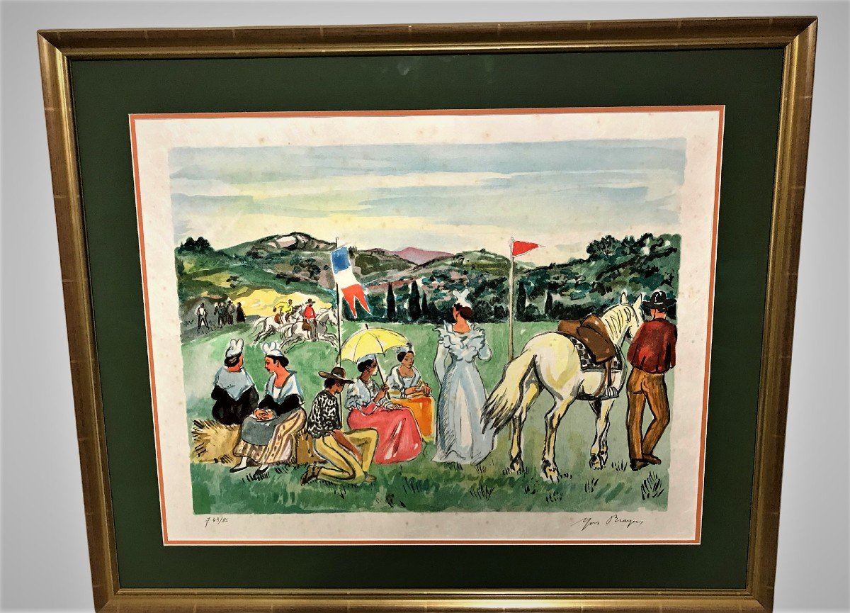 Lithograph Painting By Brayer 20th Century Horse Race