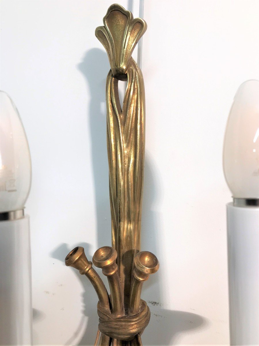 Large Pair Of Bronze Hunting Horn Sconces-photo-2