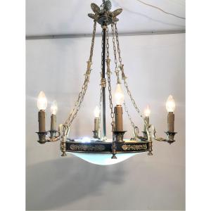 Lustre de style Empire en bronze 6 bras de lumières fin XIXème siècle