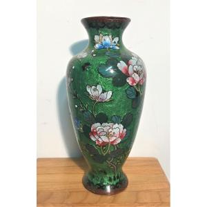 Small Enamelled Copper Vase Decorated With Flowers 20th Century