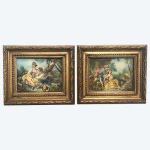 Deux petits tableaux peintures à l'huile d'après Boucher XIXème siècle