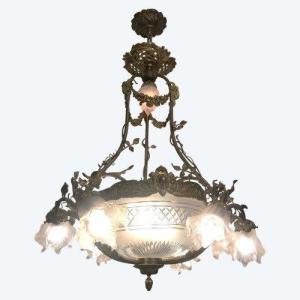 Large Cage Chandelier Bronze, Brass, Crystal And Glasses