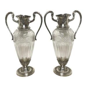 Pair Of Crital Or Glass And Silver Metal Vases Brand Lutetia