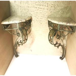 Pair Of Louis XV Style Corner Consoles In Wrought Iron With Marble Top