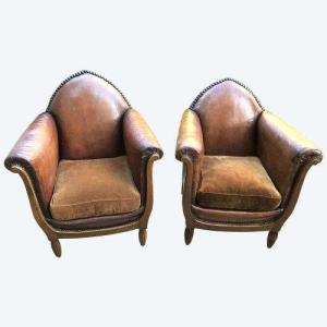 Paire de fauteuils club en cuir époque Art Déco 1925