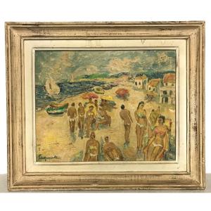 Tableau huile sur toile plage cap brun