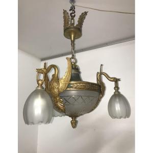 Lustre aux cygnes de style Empire en bronze et verre 