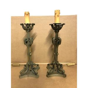 Pair Of Silver-plated Bronze Candlesticks From The 70s