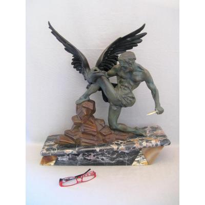 Sculpture en métal époque Art Déco l'aigle et l'homme