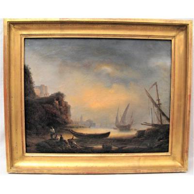 Tableau marine scène de port début XIX ème siècle