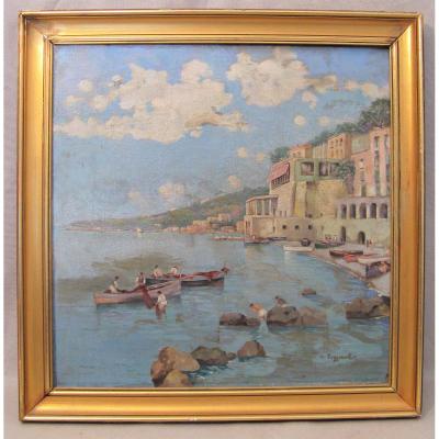 Oil On Canvas Signed C. Poggianti The Almafitaine Coast In