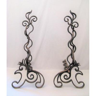 Pair Of Wrought Iron Andirons Art Nouveau Period In