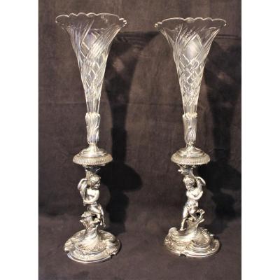 Large Pair Of Soliflores With Crystal And Silver Bronze Putti From Victor Saglier XIX Century