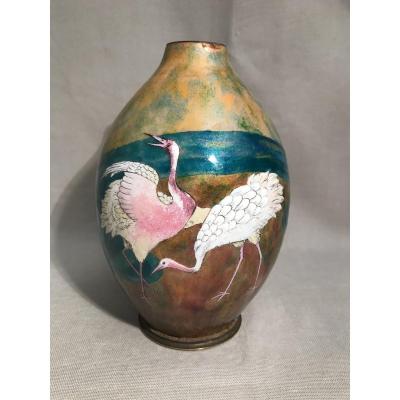 Enamel Vase Decorated With Ibis Limoges? Twentieth Century