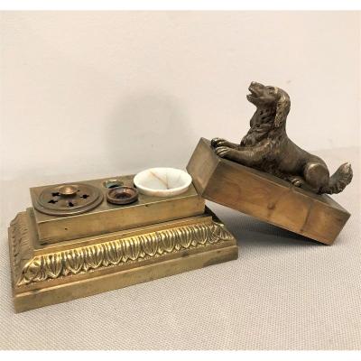 Bronze Inkwell Hidden Under A Lying Dog, XIXth Century