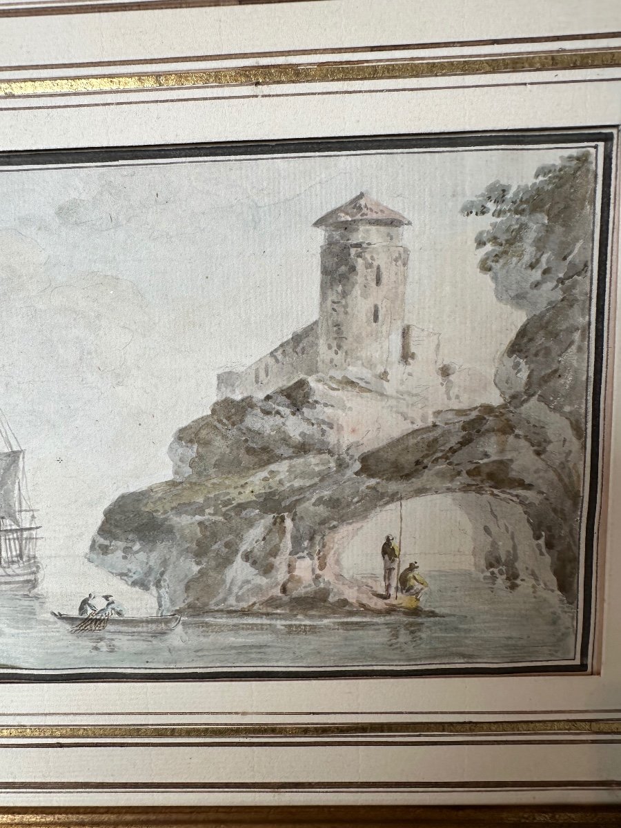 Aquarelle 18e Voilier Et Pêcheurs Monogrammé Et Daté 1762-photo-3
