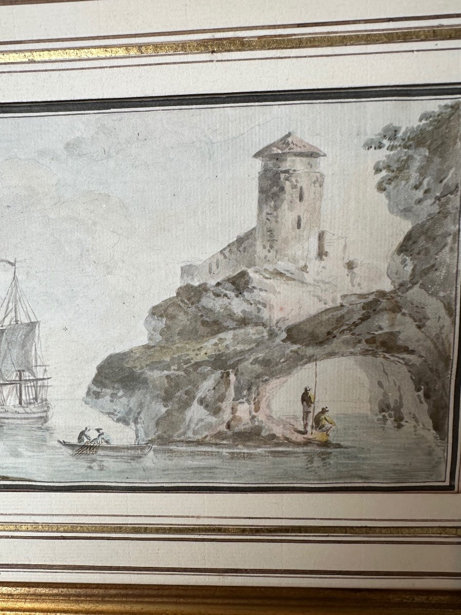 Aquarelle 18e Voilier Et Pêcheurs Monogrammé Et Daté 1762-photo-3