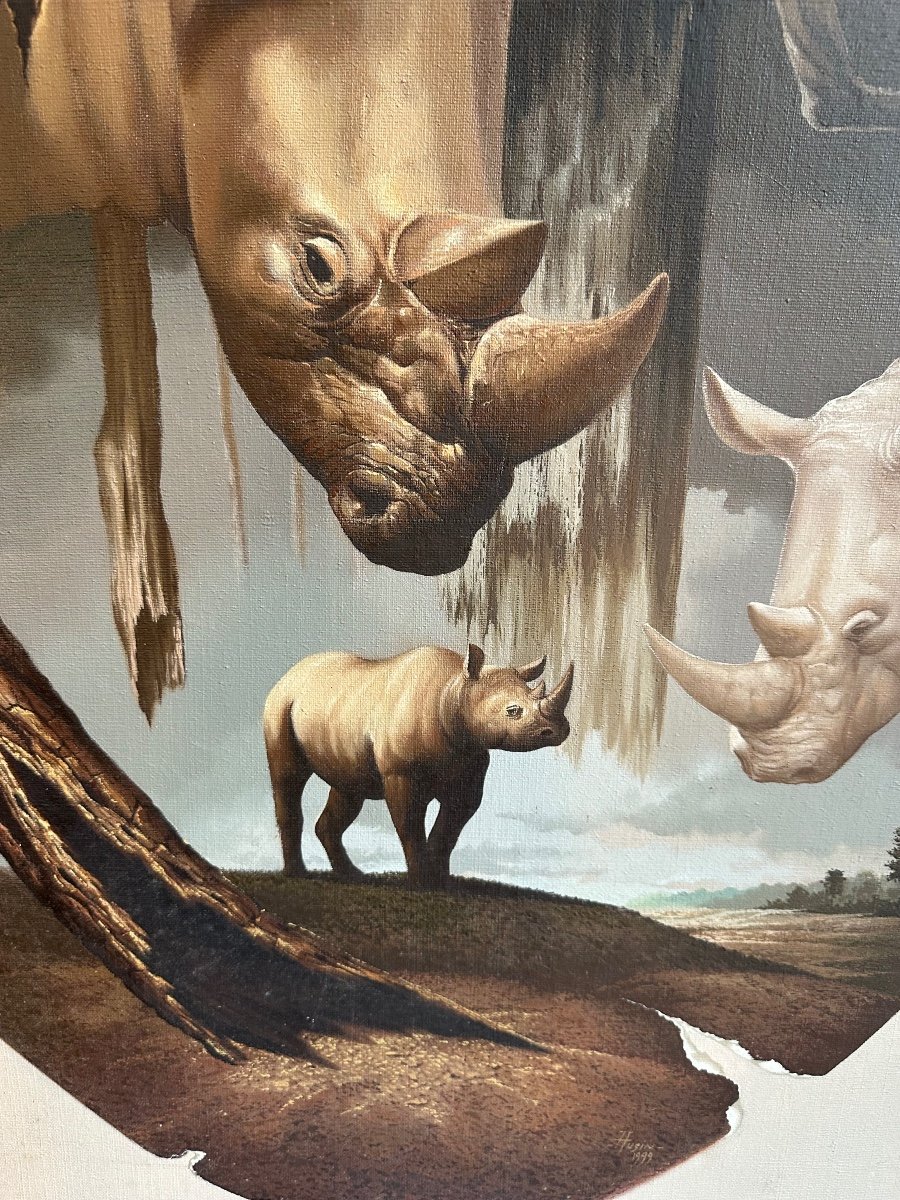 Hyperrealist Painting Rhinoceroses Oil On Canvas Signed Husin 20th Century-photo-2