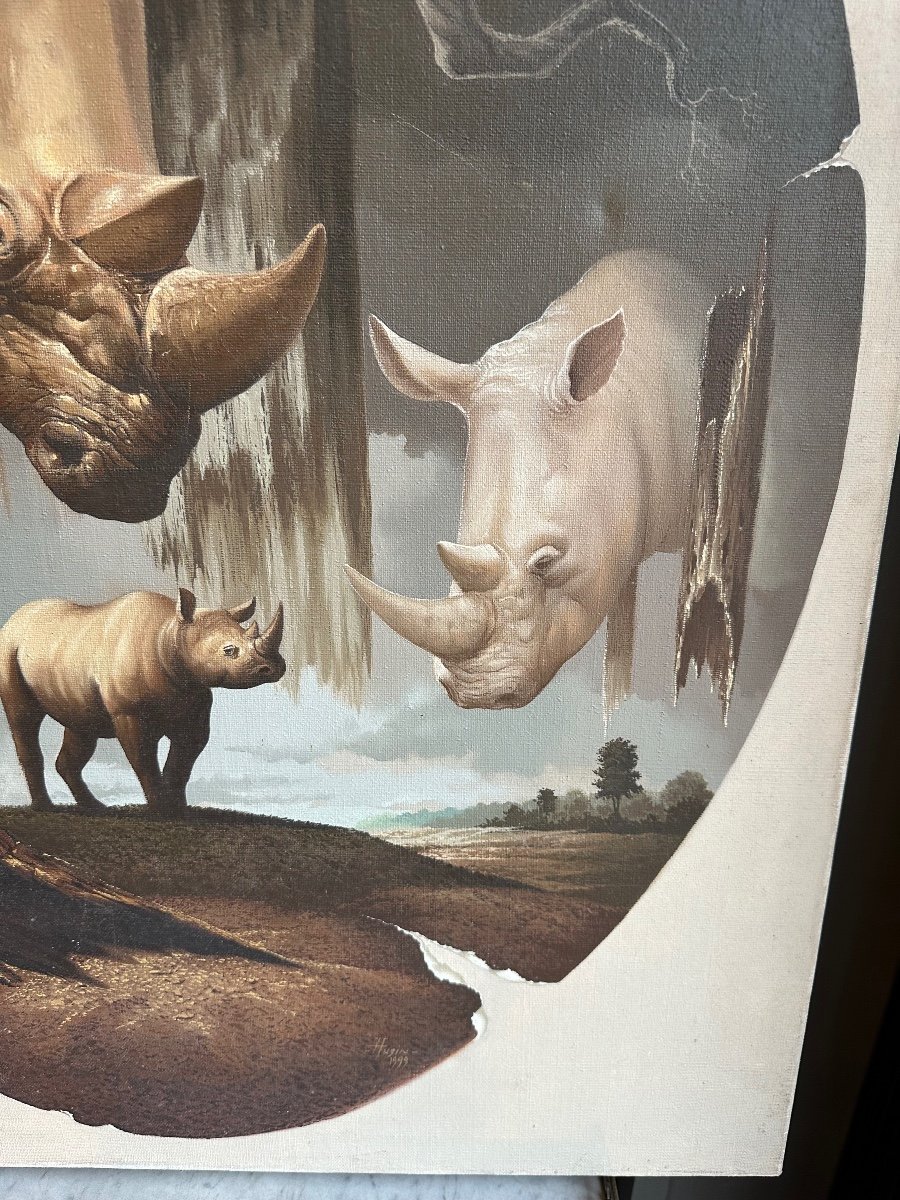 Hyperrealist Painting Rhinoceroses Oil On Canvas Signed Husin 20th Century-photo-3