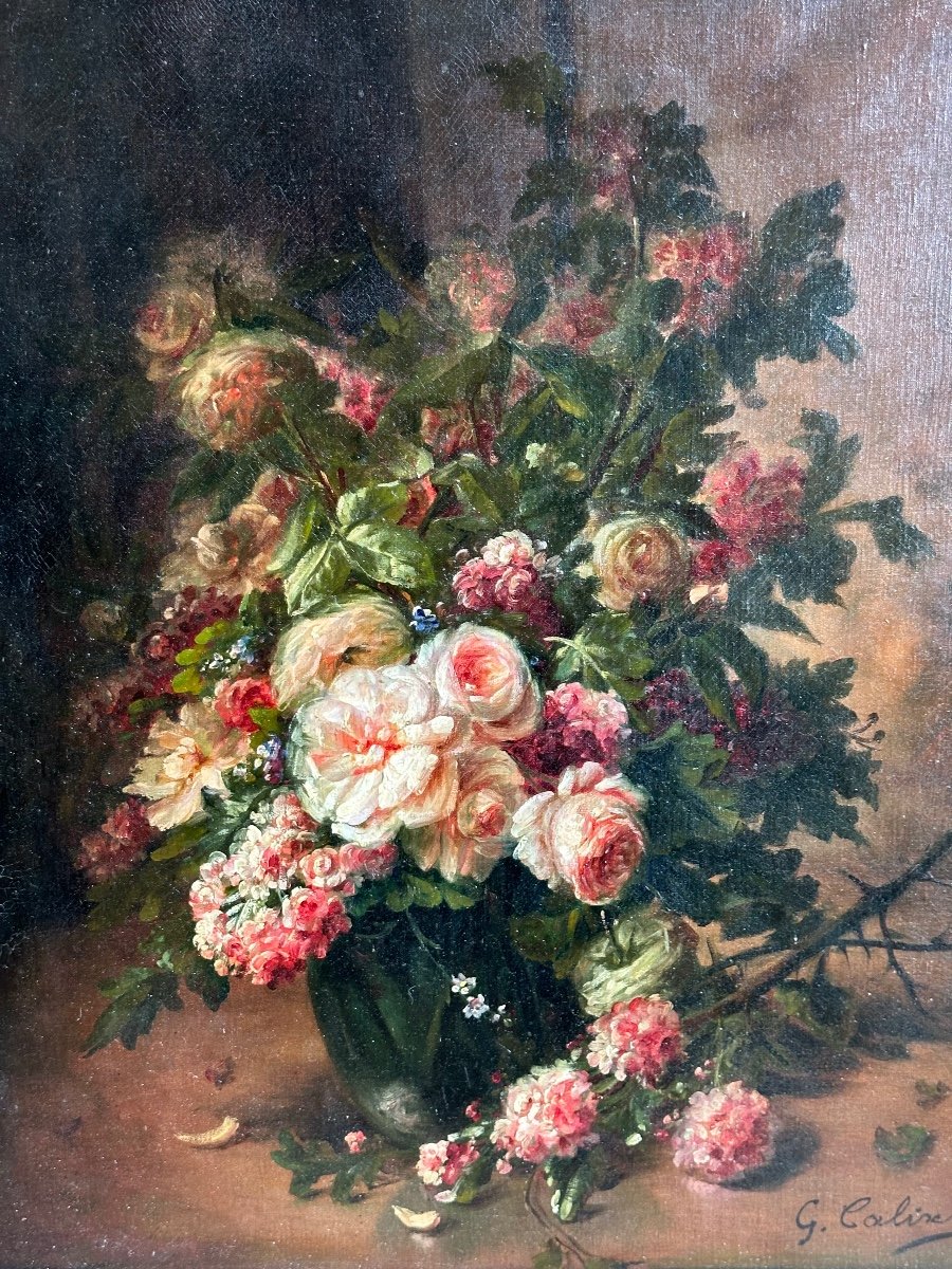 Bouquet De Fleurs Huile Sur Toile Signe G Calixte Fin XIXe Peintre Dauphinois -photo-2