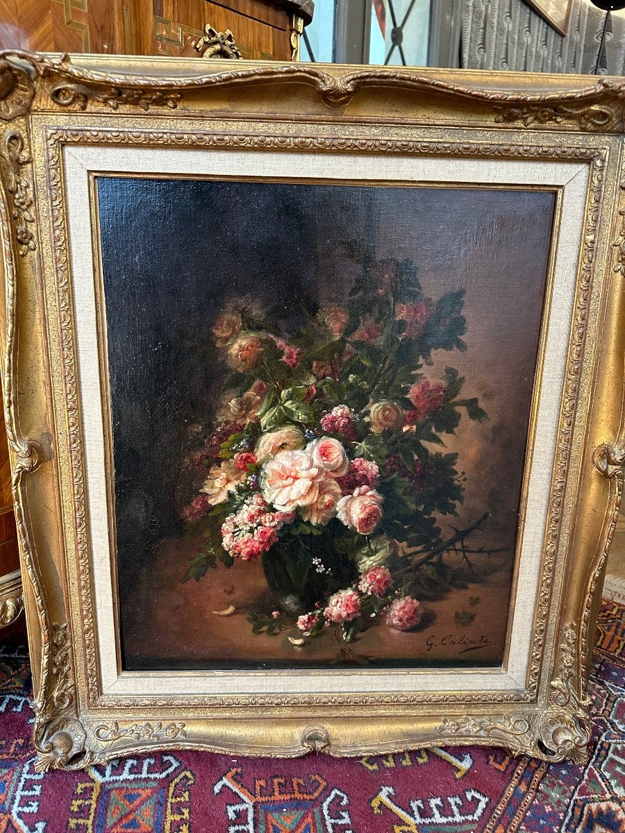 Bouquet De Fleurs Huile Sur Toile Signe G Calixte Fin XIXe Peintre Dauphinois -photo-4