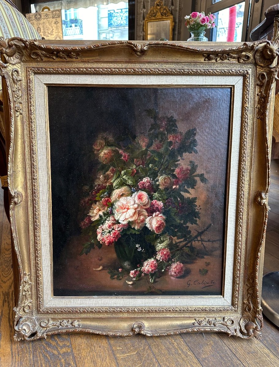 Bouquet De Fleurs Huile Sur Toile Signe G Calixte Fin XIXe Peintre Dauphinois 