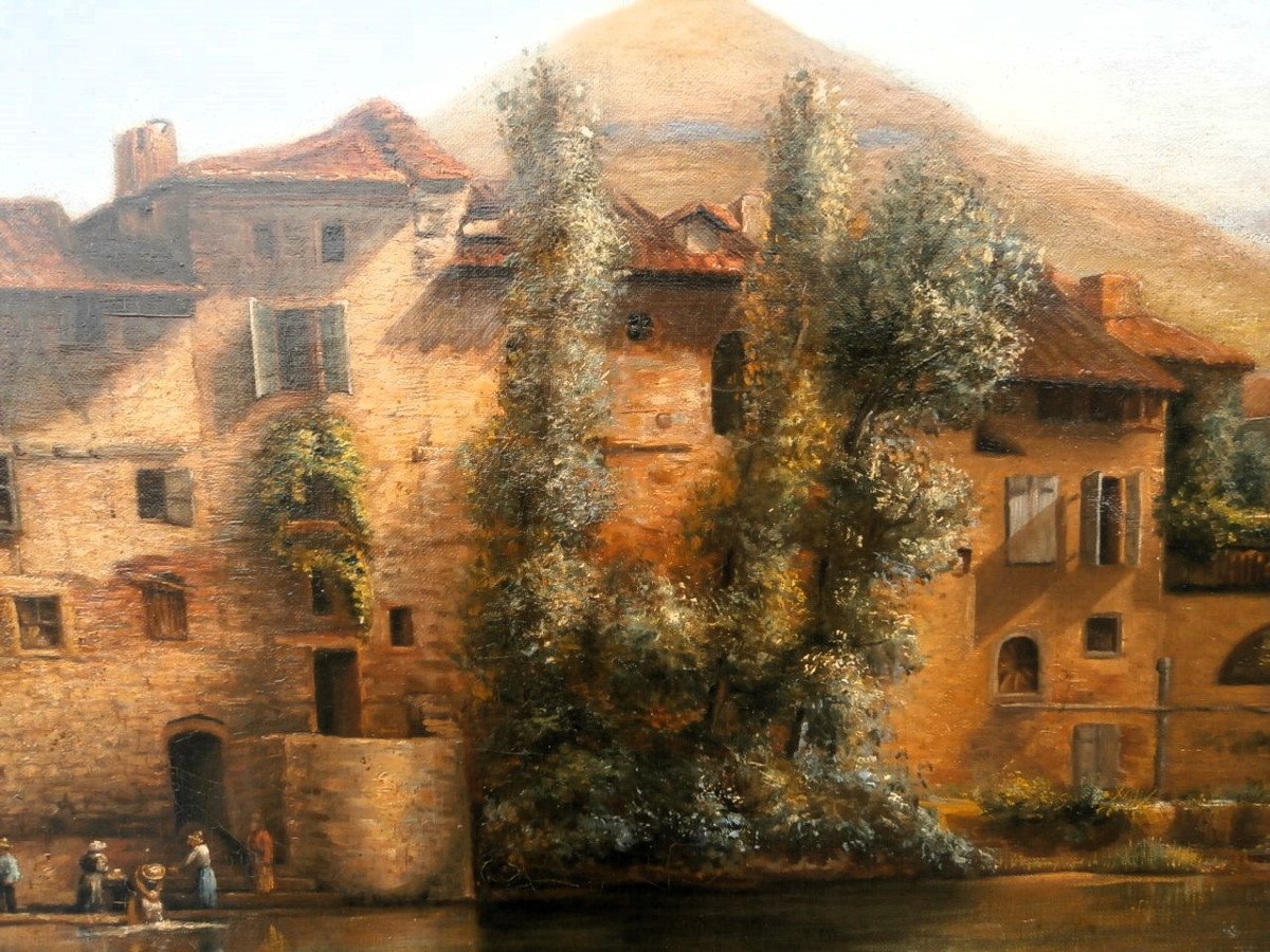 Oil On Canvas Village Near A Pond