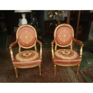 Pair Of Gilded Wood Armchairs.