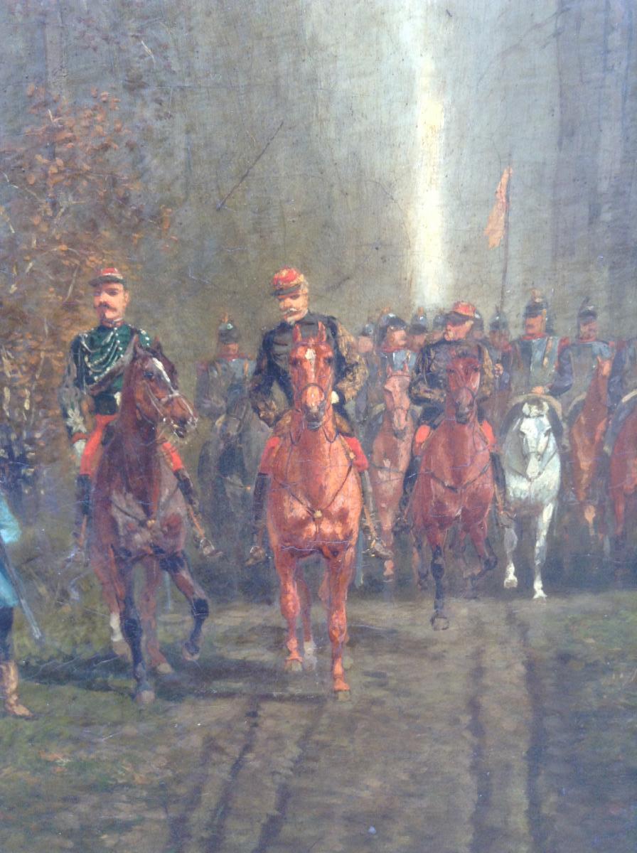 Oil On Canvas Of French Representative Cavaliers In Wood In The War Of 1870-photo-2