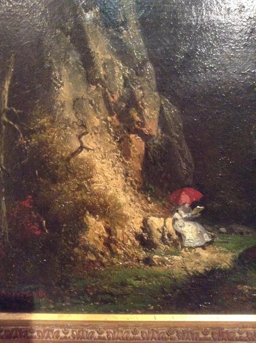 Tableau représentant une femme lisant assise dans un sous bois, huile sur toile-photo-4