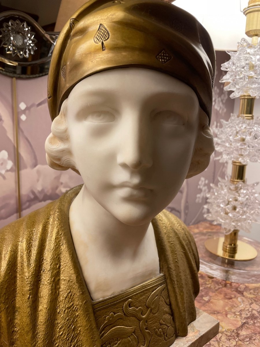 Woman Bust With Marble And Bronze Trefoloni Headscarf-photo-2