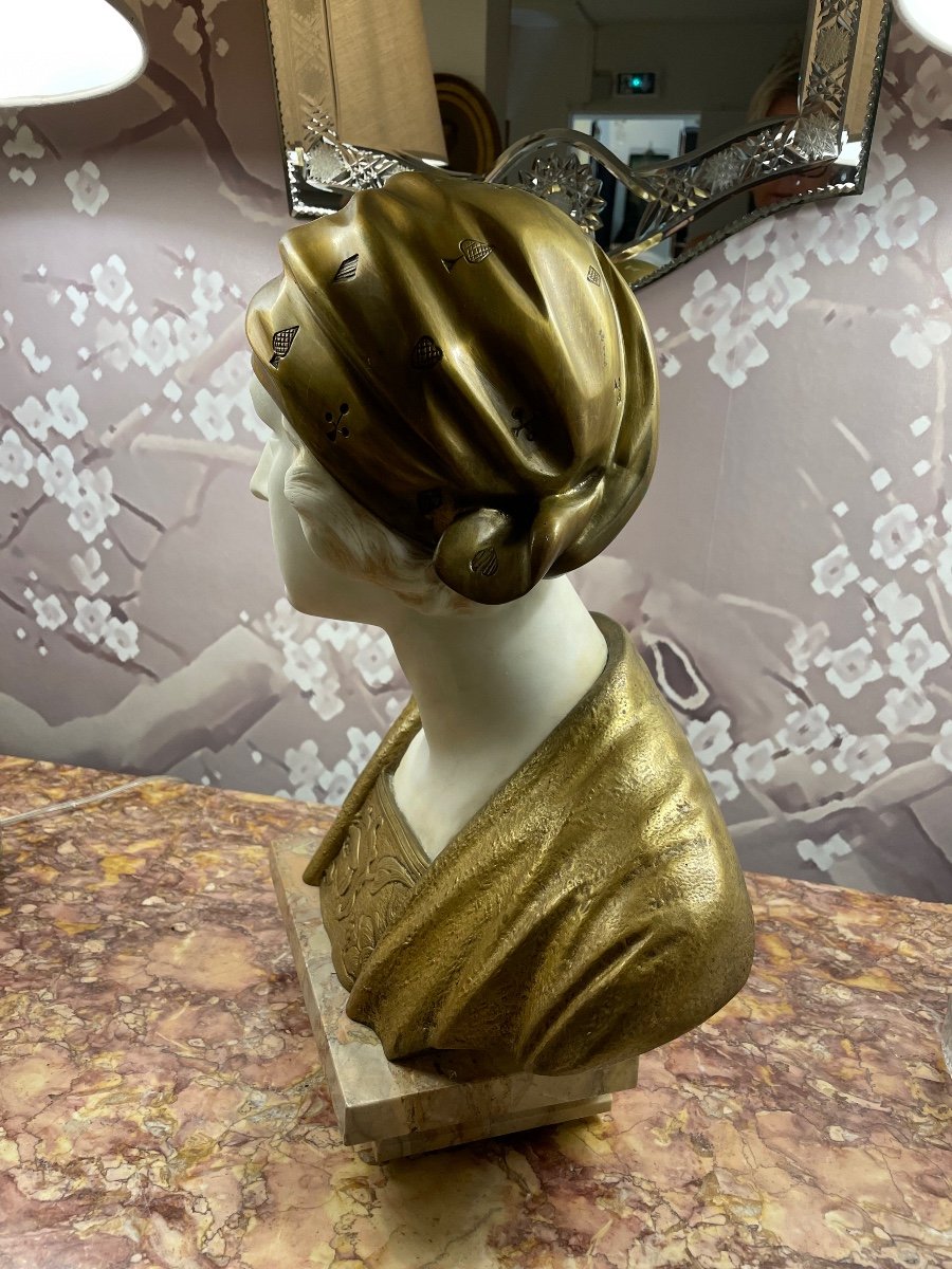 Woman Bust With Marble And Bronze Trefoloni Headscarf-photo-4