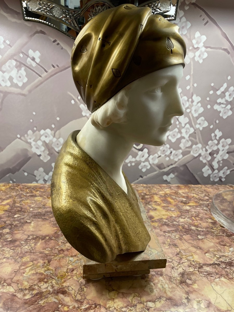 Woman Bust With Marble And Bronze Trefoloni Headscarf-photo-4