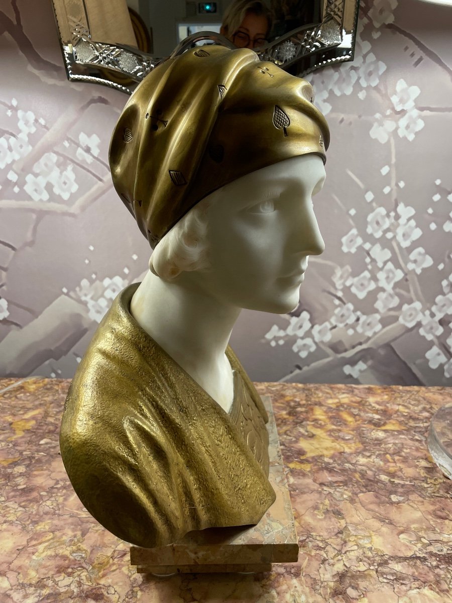 Woman Bust With Marble And Bronze Trefoloni Headscarf-photo-5