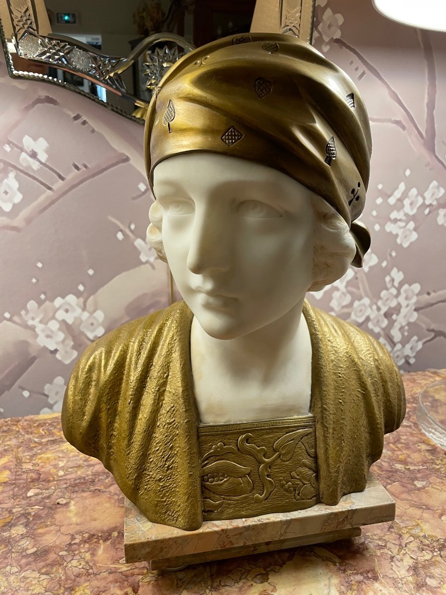 Woman Bust With Marble And Bronze Trefoloni Headscarf-photo-6