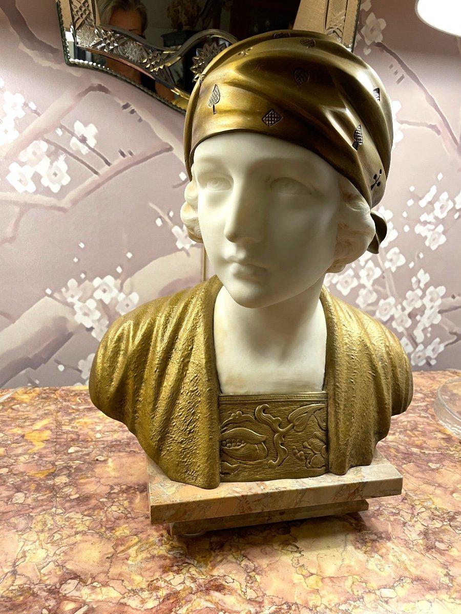 Woman Bust With Marble And Bronze Trefoloni Headscarf