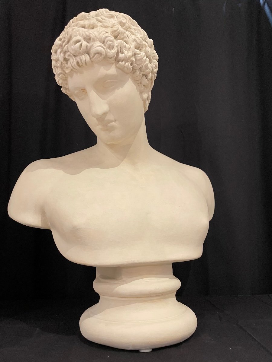 Large Plaster Bust After The Antique Of The God Hermes Called “antinoüs Albani”-photo-2