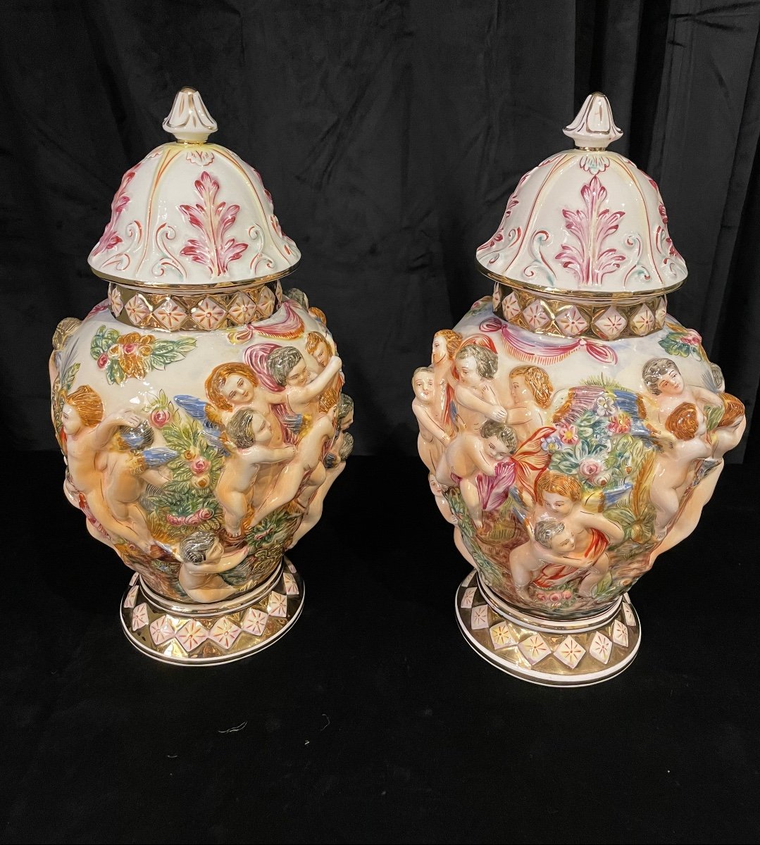 Pair Of Capodimonte Covered Pots