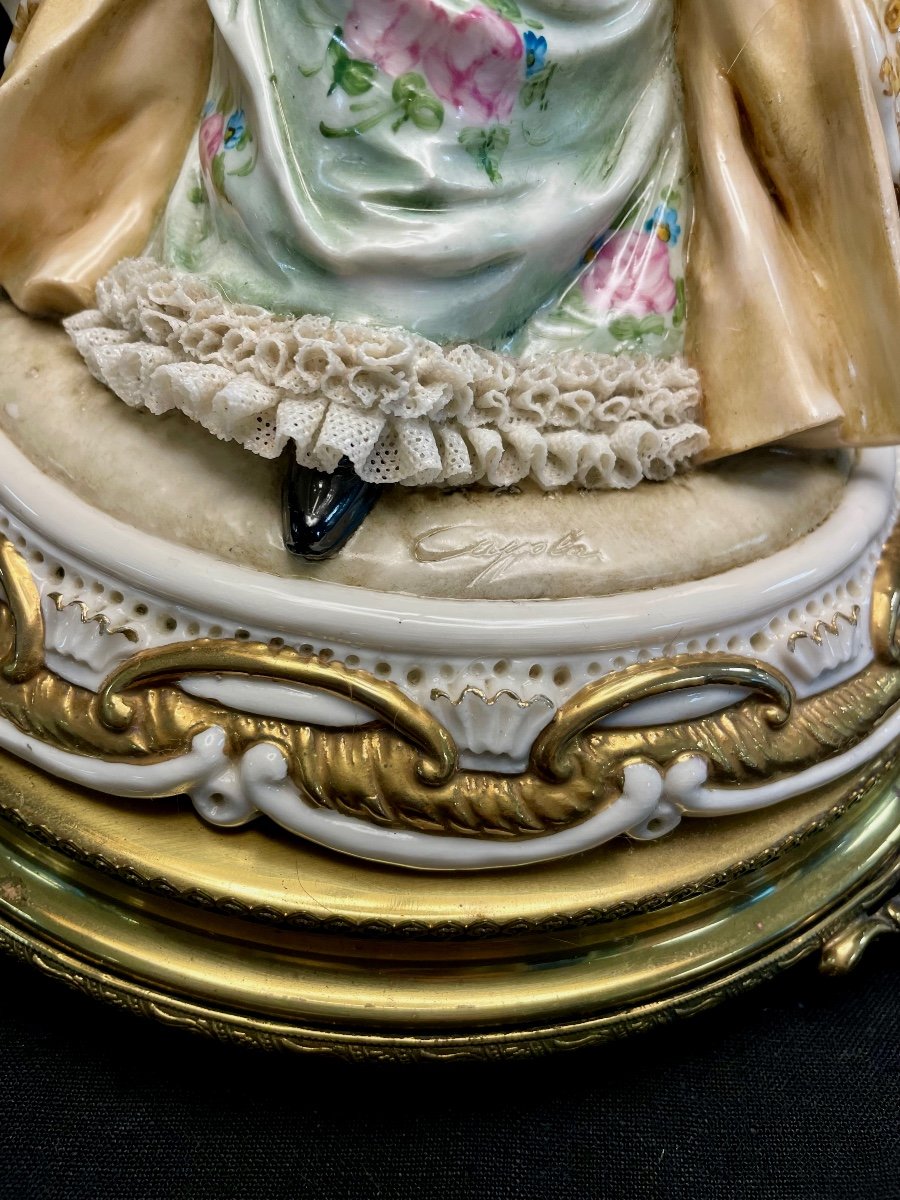 Porcelain And Bronze Lamp Woman With Doves Romantic Cappodimonte-photo-3