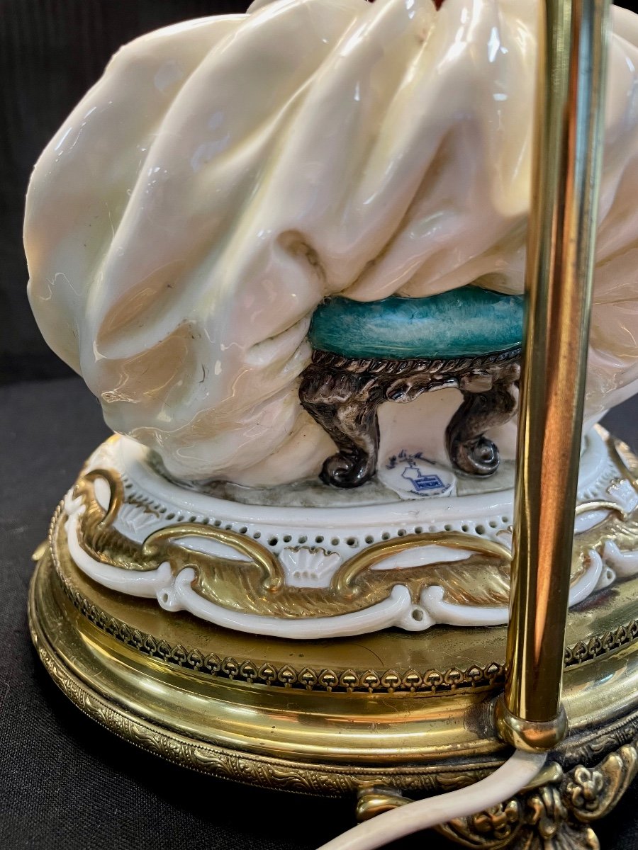 Porcelain And Bronze Lamp Woman With Doves Romantic Cappodimonte-photo-7