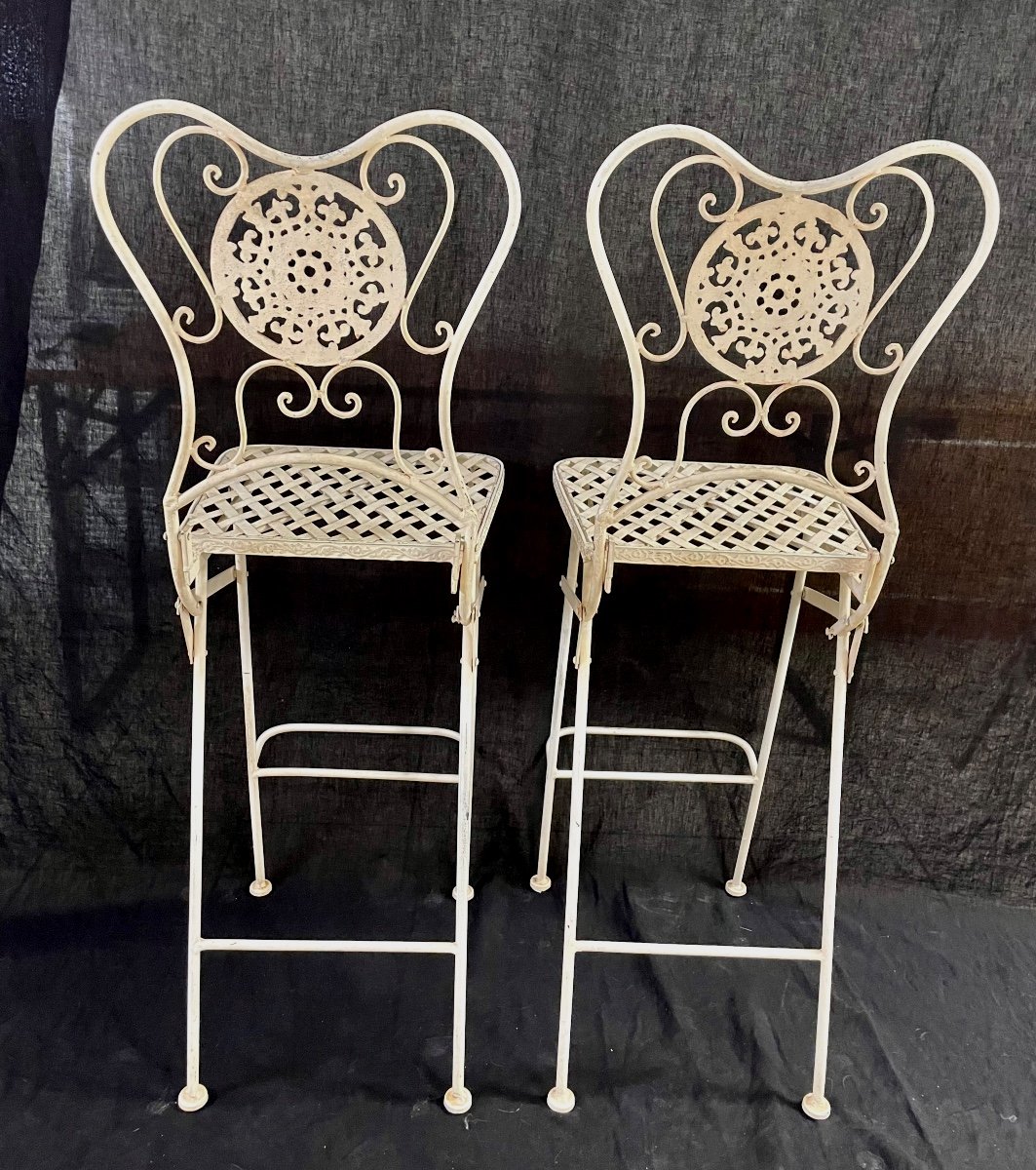 Pair Of Folding Wrought Iron High Chairs-photo-3