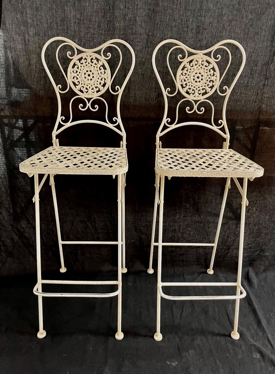 Pair Of Folding Wrought Iron High Chairs