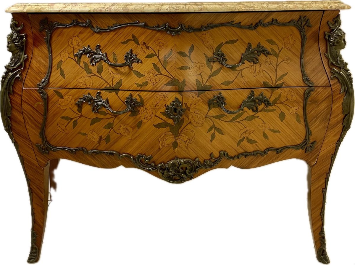 Curved Inlaid Sauteuse Chest Of Drawers With Caryatids