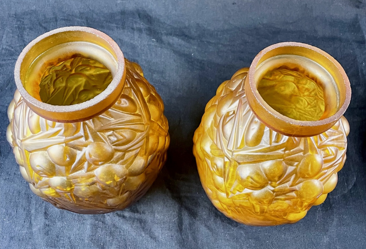 Paire De Vases « pâte De Verre Ambrée »-photo-3