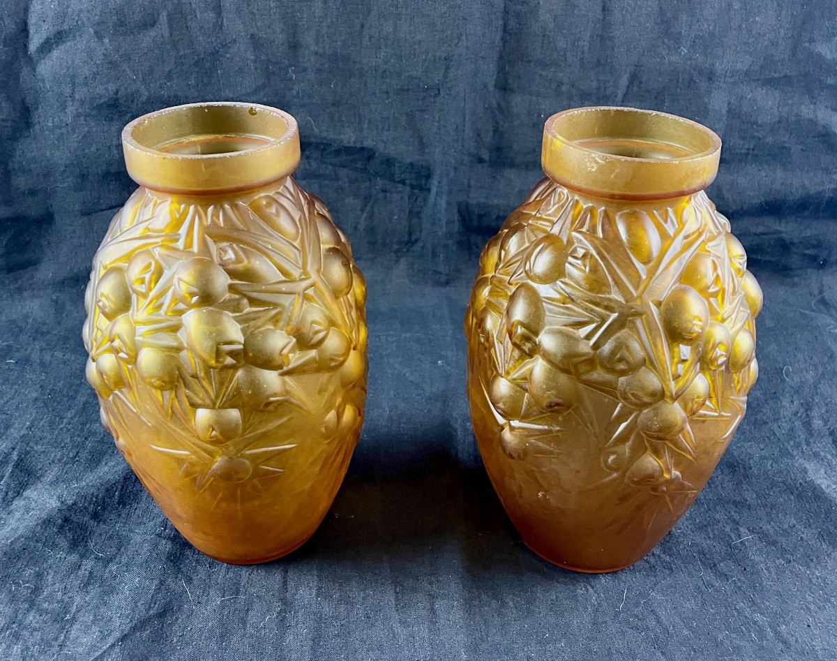 Paire De Vases « pâte De Verre Ambrée »-photo-5