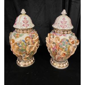 Pair Of Capodimonte Covered Pots