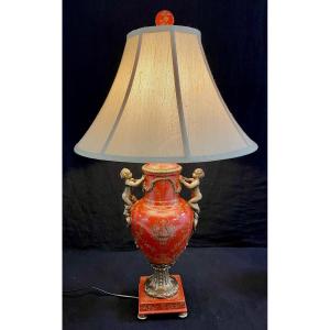 Orange Mordoré Porcelain And Bronze Putti Lamp